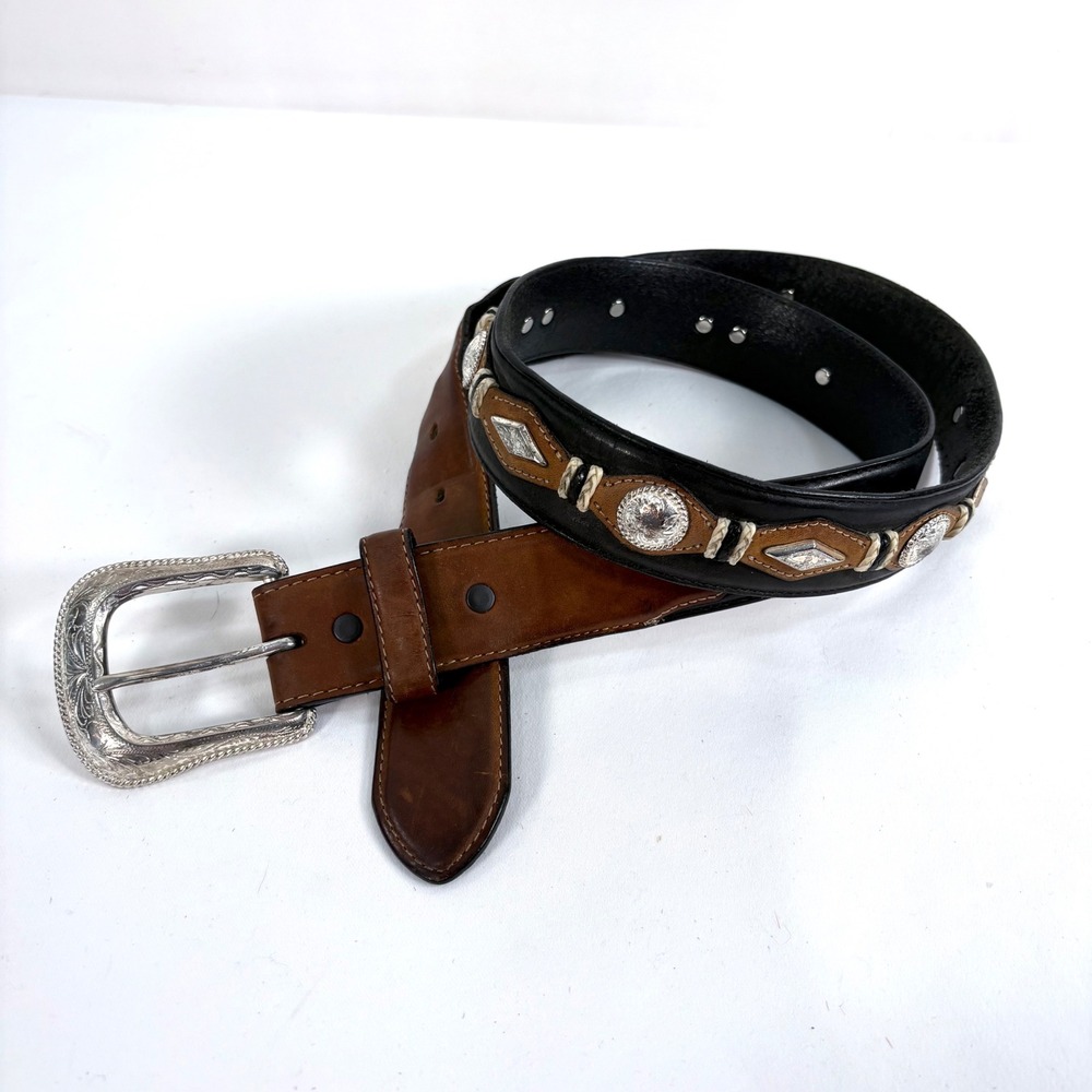 Justin Belt Brown Black Leather Western Concho Whipstitch Men 38 7558K